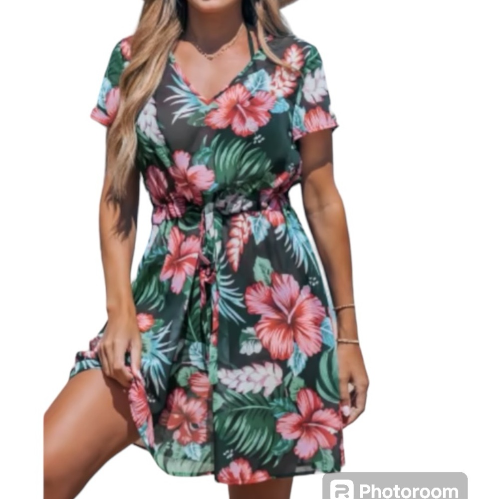 Cupshe Midnight Tropics Short Sleeve Tie Waist Cover-Up Dress Size L